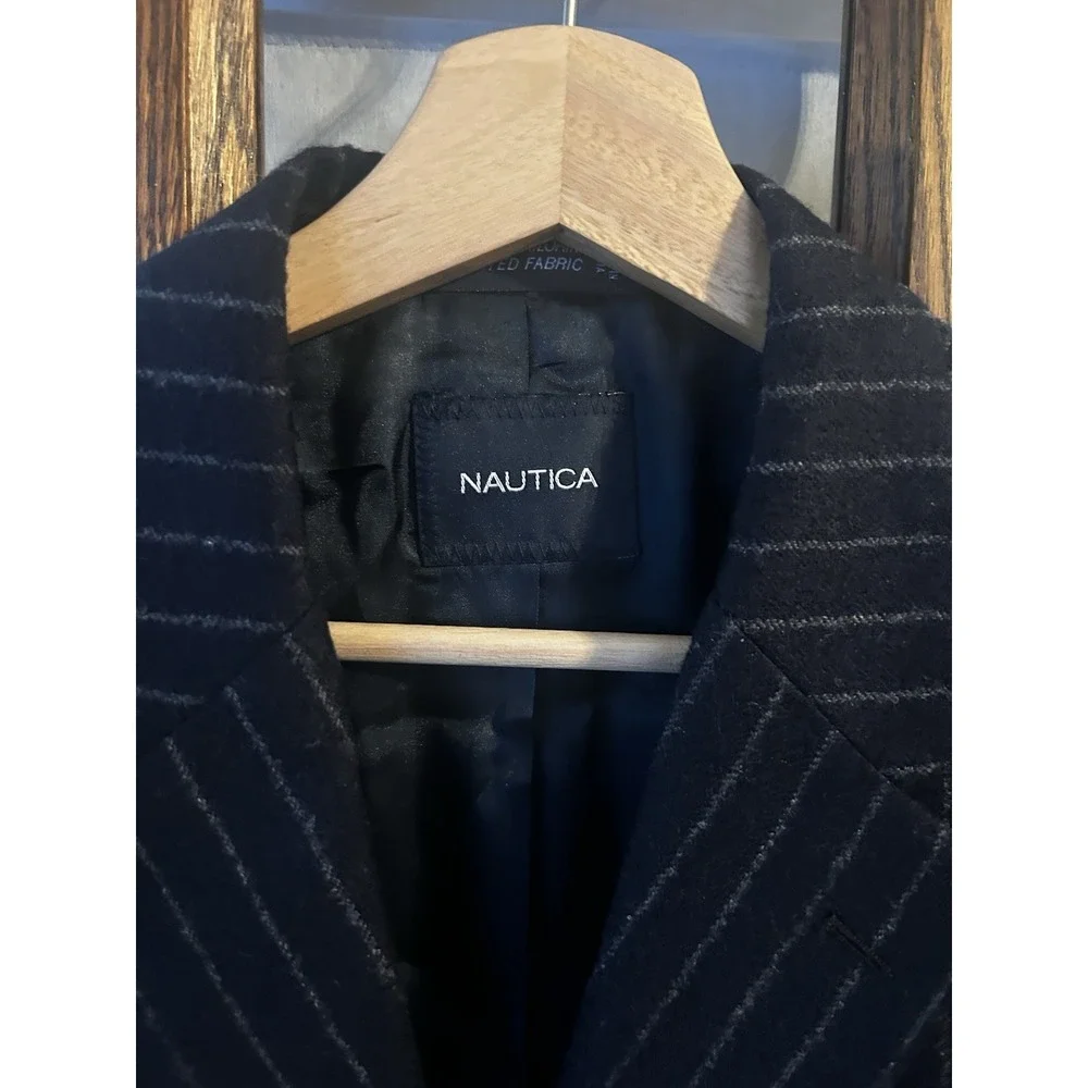 NAUTICA Men's Sz 40L Navy Pin Stripe 100% Wool Sport Coat Jacket Double Vented‎